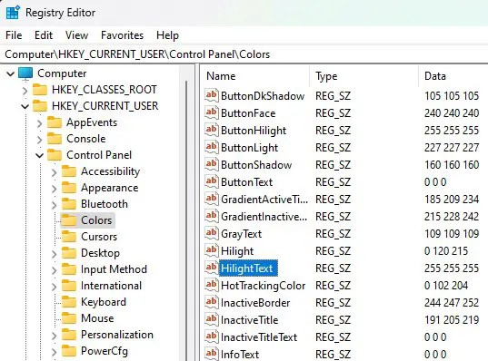 テキストハイライトカラーレジストリ値